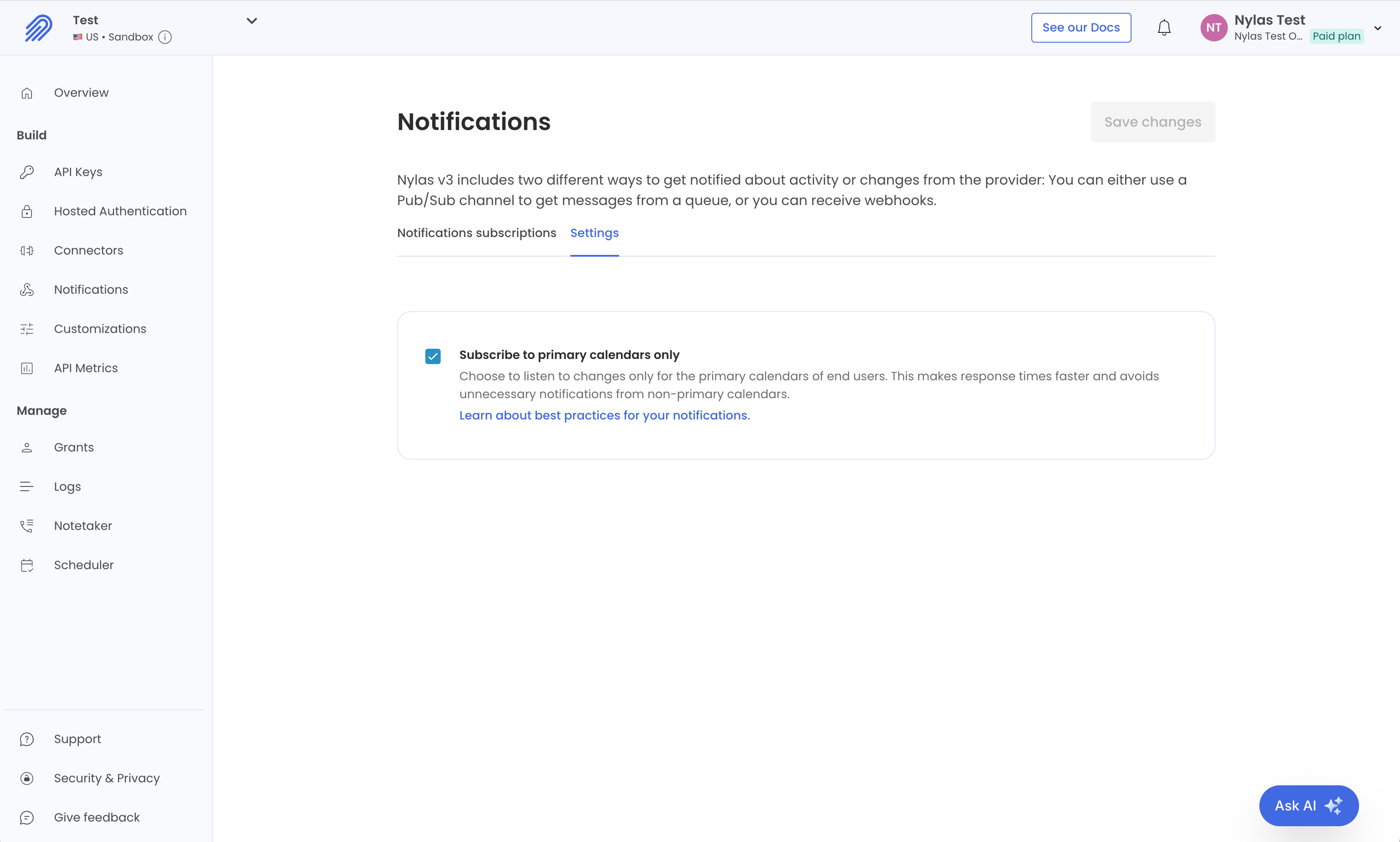Primary calendar webhook settings The Nylas Dashboard showing the "Notifications settings" page. The "Subscribe to primary calendars only" option is enabled.