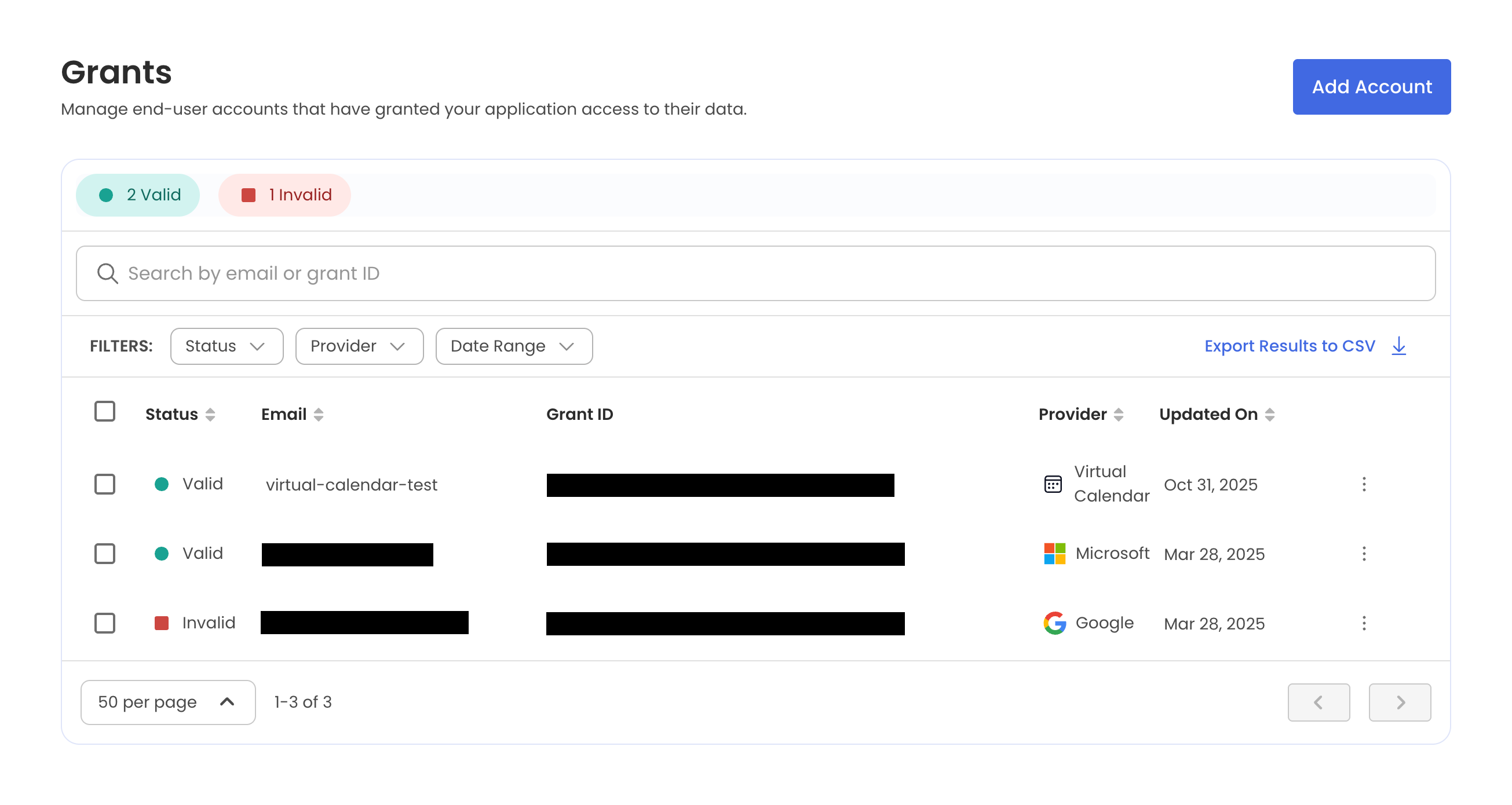 Virtual calendars in Nylas The Nylas Dashboard showing a list of grants. The virtual calendar's Provider is listed as Virtual Calendar.