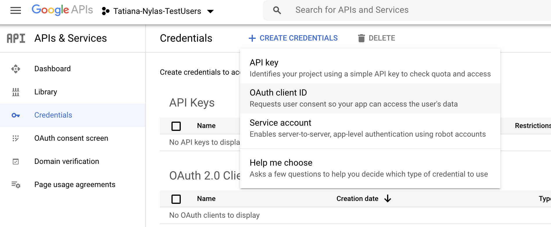 Create Google application credentials The Google Cloud Platform Console showing the "Credentials" page. The "Create credentials" drop-down list is expanded, and the "OAuth client ID" option is highlighted.