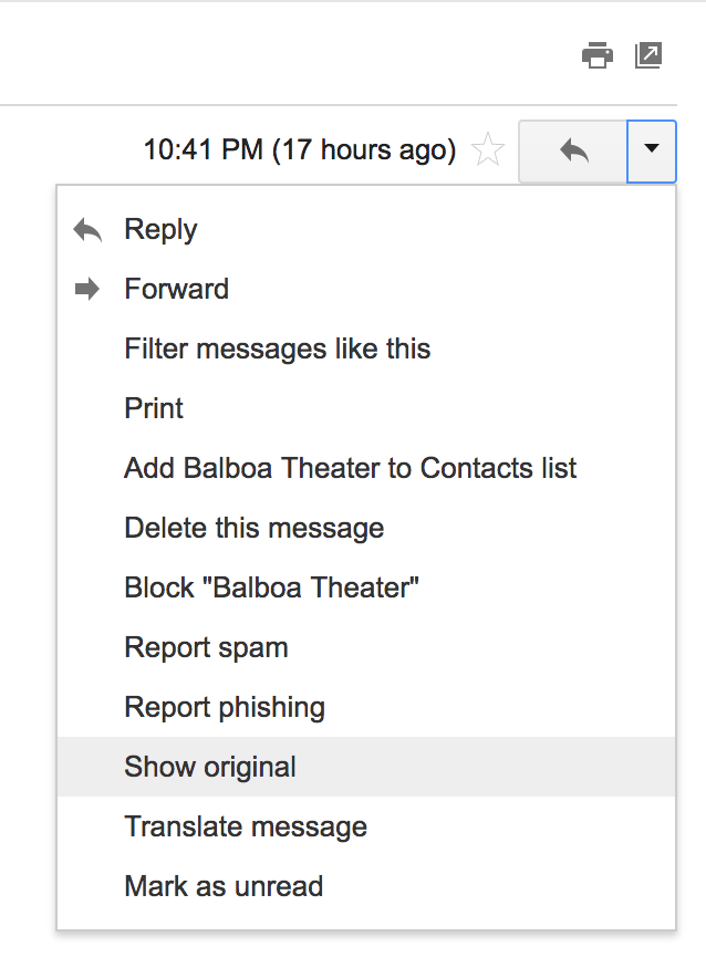 A close-up of the Gmail interface. The options menu for a message is expanded, and 'Show original' is highlighted.
