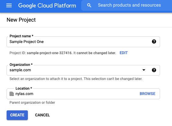 Create a Google Cloud project Google Cloud Platform "Create Project" page. The form is filled out with demo information.