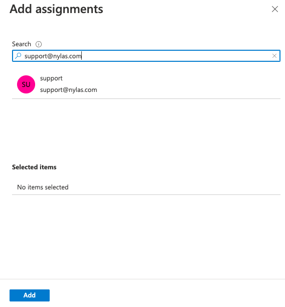 The Microsoft Azure Portal showing the Add Assignments pop-up. A list of search results is displayed.