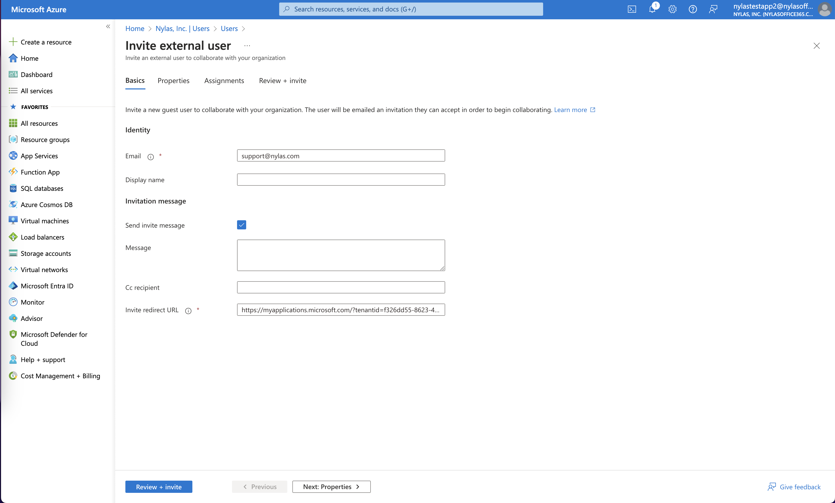 The Microsoft Azure Portal showing the "Invite external user" page.