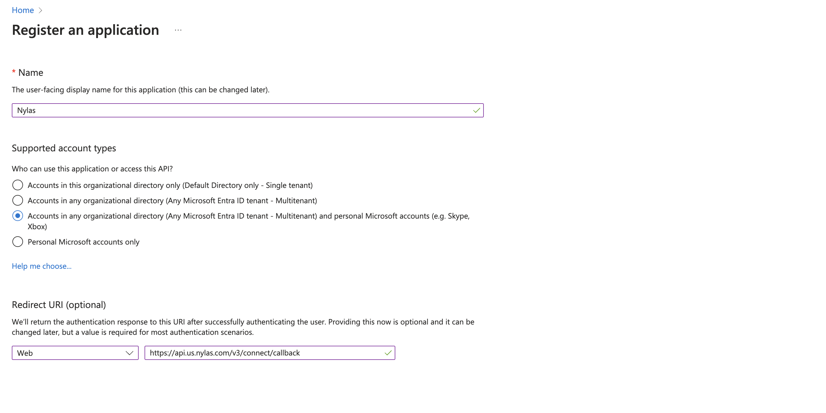 Register your application Microsoft Azure Portal displaying the "Register an application" page.