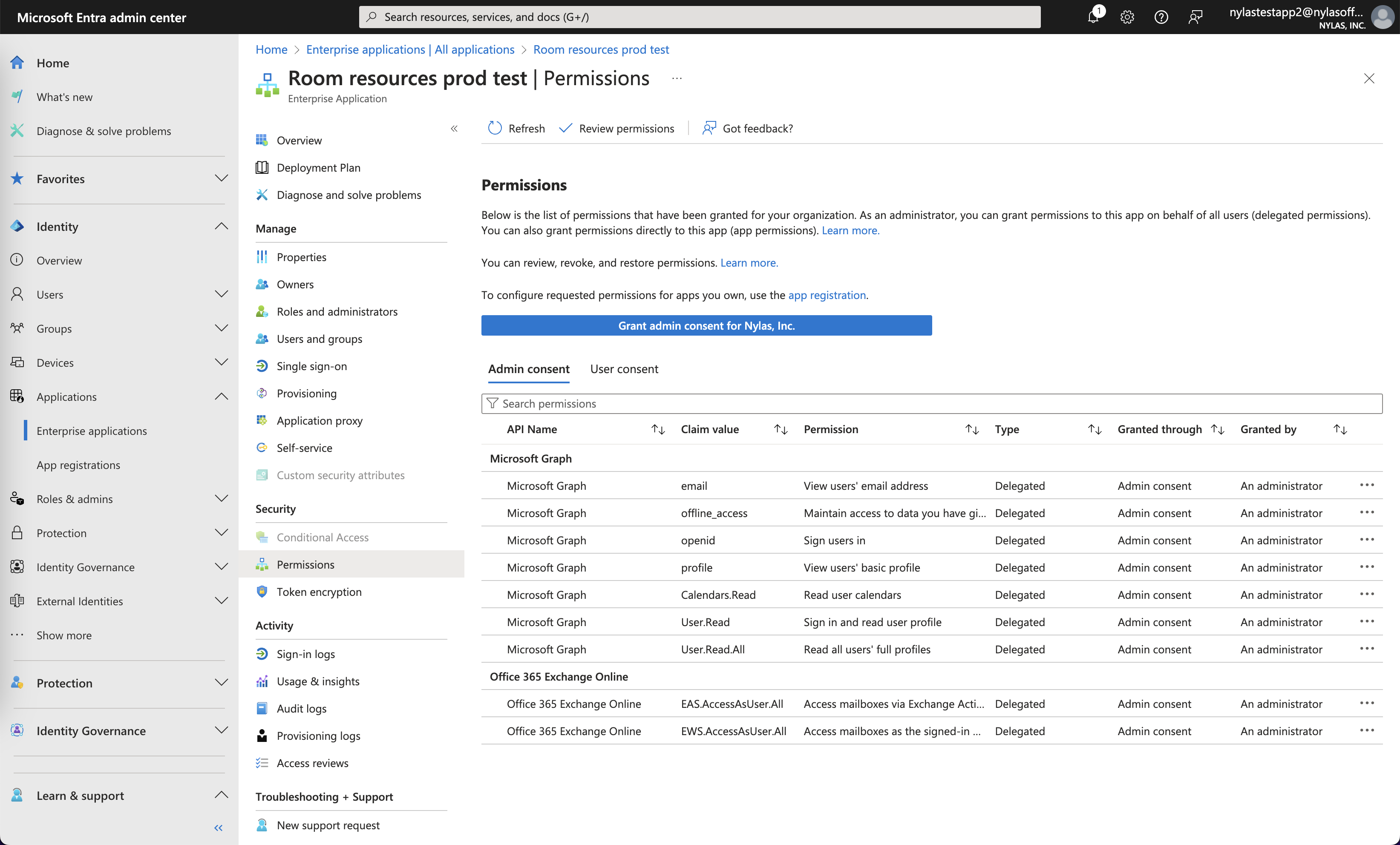 Configure API admin consent The Microsoft Entra admin center showing the "Permissions" page for a sample enterprise application.