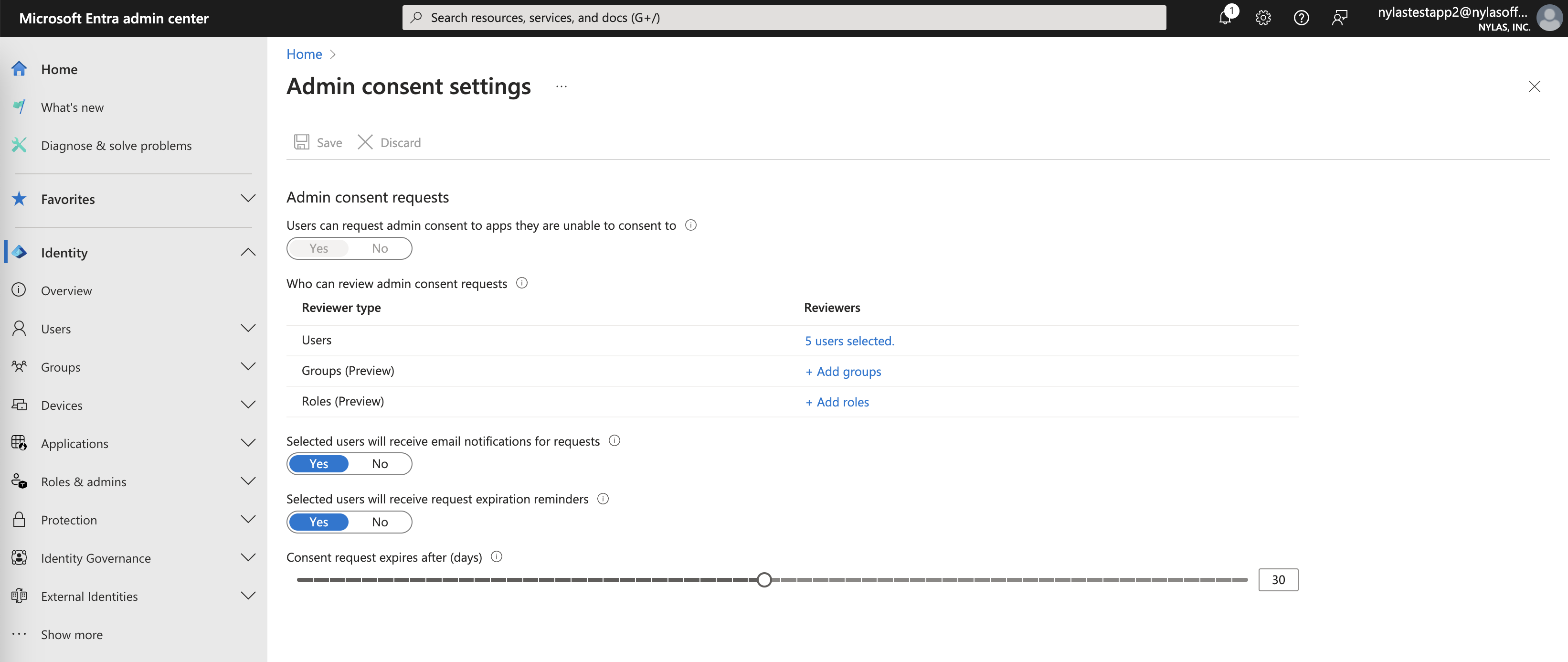 Configure admin consent The Microsoft Entra admin center showing the "Admin consent settings" page.