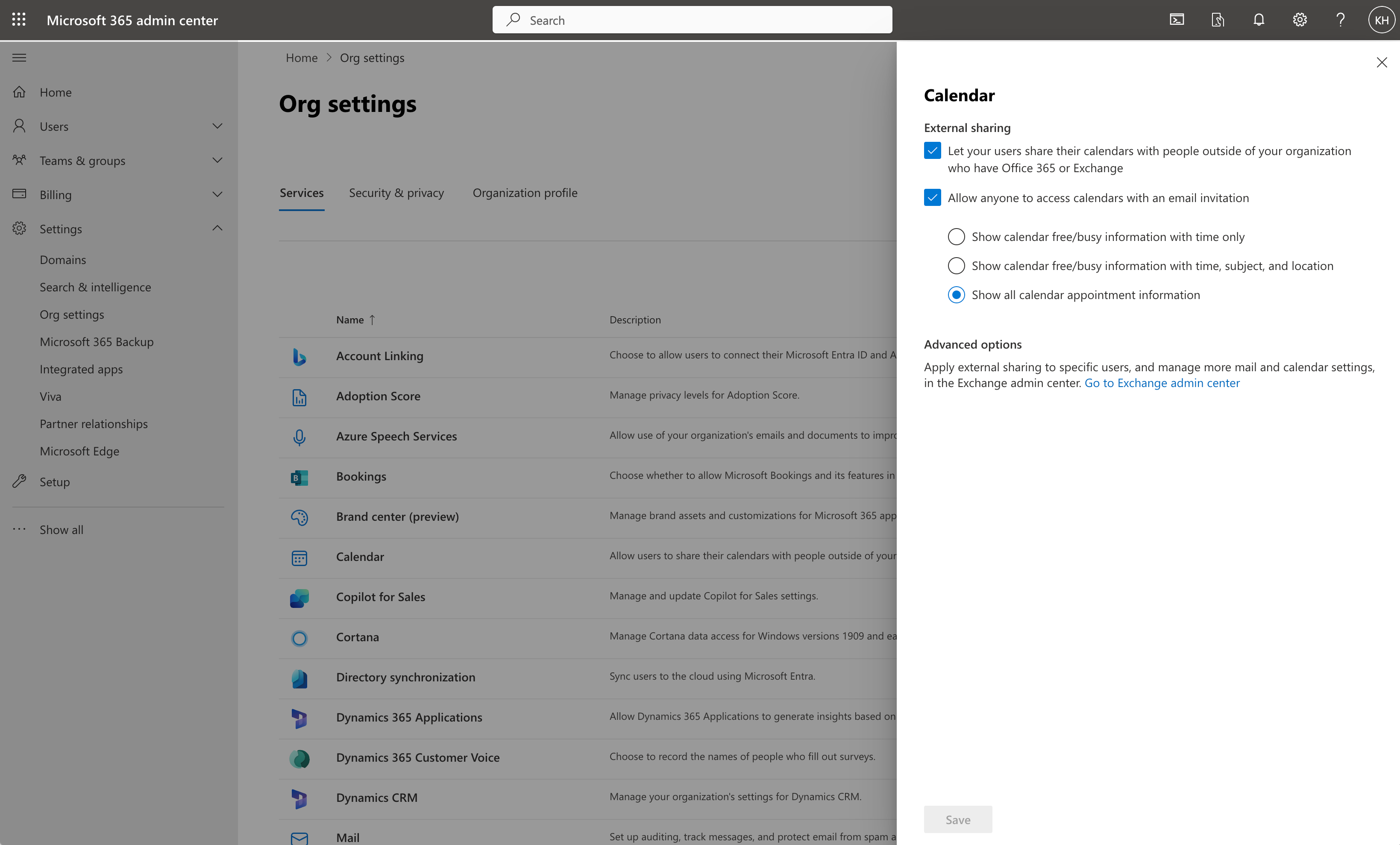Microsoft 365 calendar sharing settings The Microsoft 365 Admin interface showing the "Calendar" settings panel. A list of calendar sharing options is displayed.