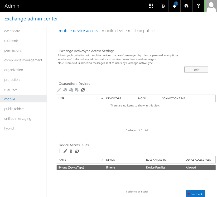 Mobile device access settings The Microsoft Exchange admin interface showing the "Mobile device access" page. A list of quarantined devices and a list of device access rules is displayed.