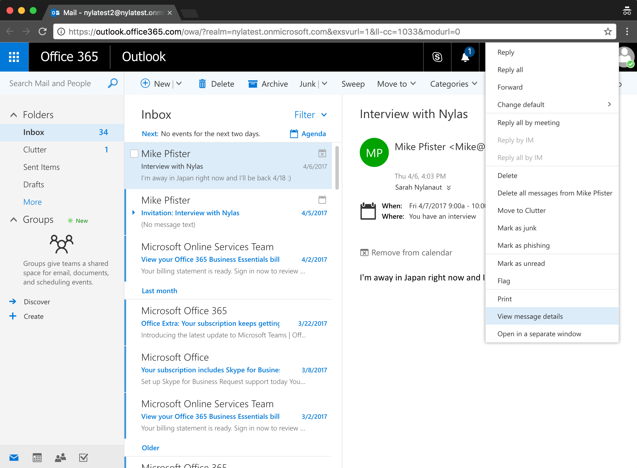 The Microsoft Outlook interface showing a user's inbox. A message is open, and the options menu is expanded. "View message details" is highlighted.