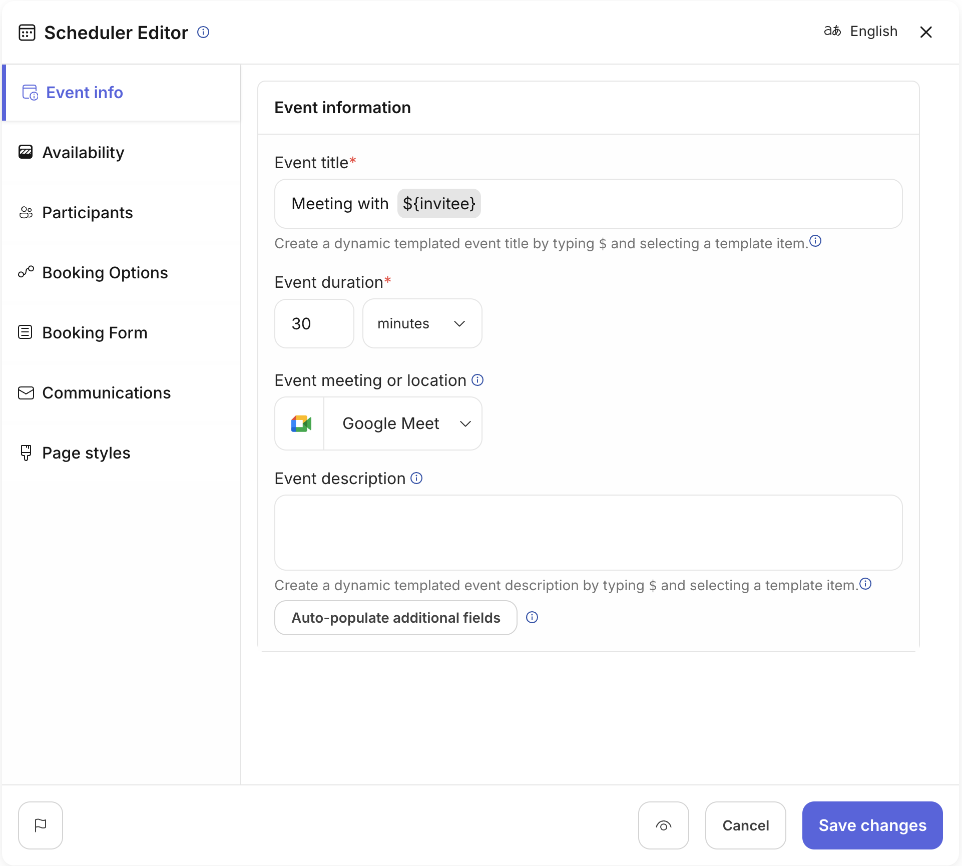 The Scheduler Editor component displaying the Event Info tab. The Event Title field is filled with example data.