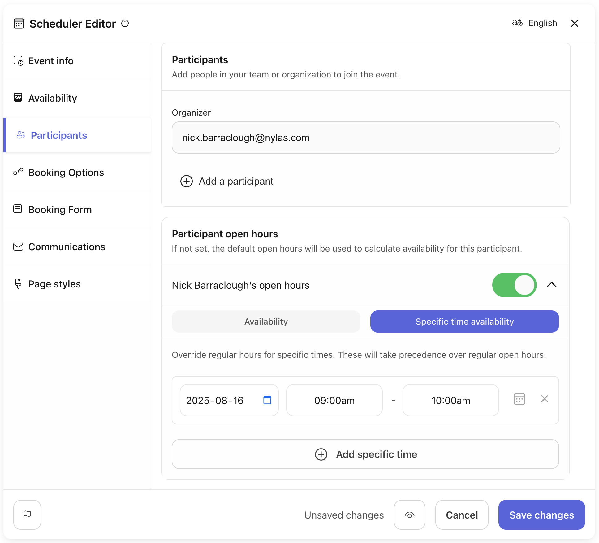 The Scheduler Editor UI displaying the Participants tab. The Open Hours settings are shown for a participant, and a Specific Date Availability slot is defined from 7:30a.m. to 8:00a.m. on August 15, 2025.