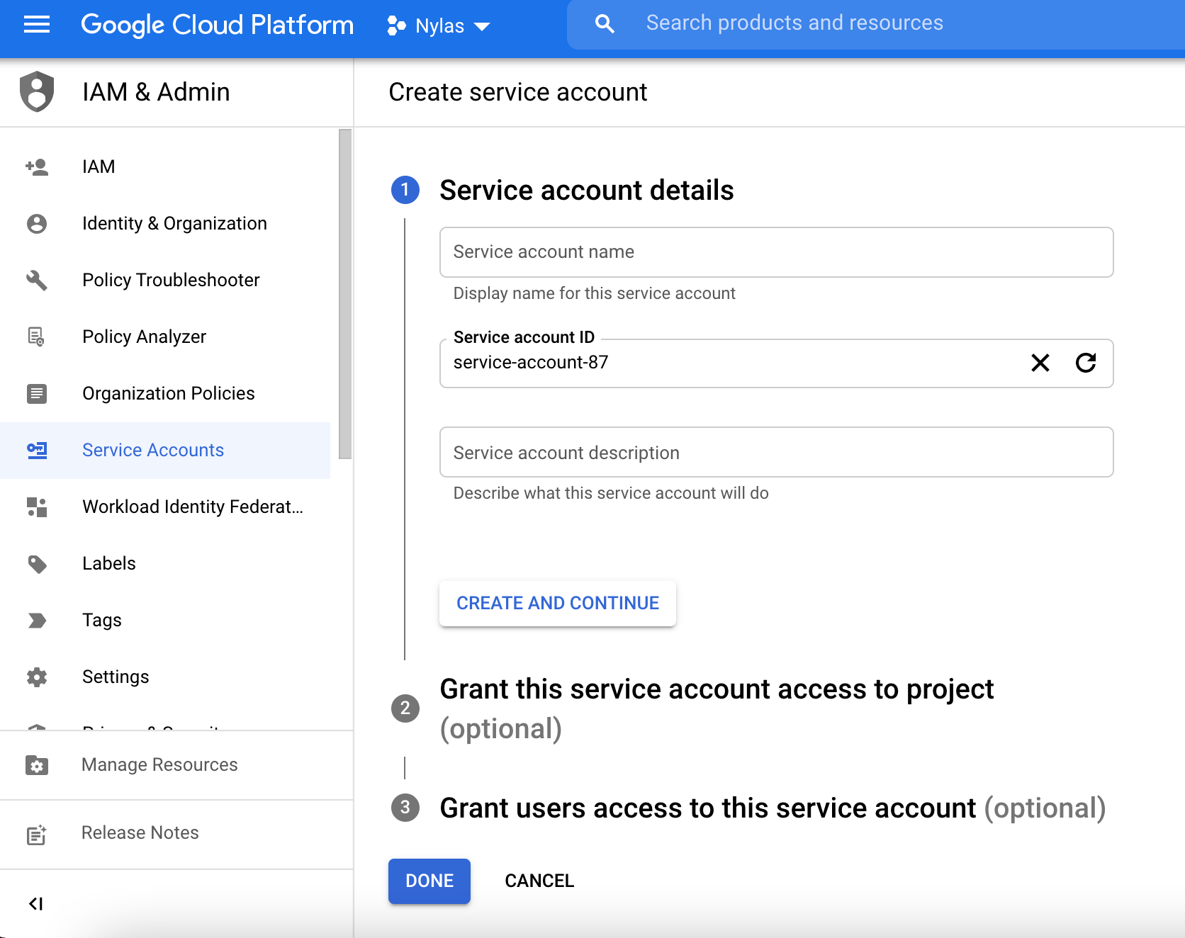 Create service account The Google Cloud Platform interface showing the "Create service account" page. The "Service account details" section is displayed, and the ID field is filled in with demo information.