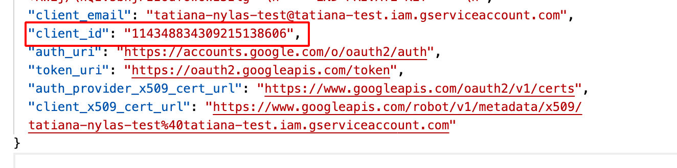 Client ID in Service Account key A close-up of a JSON snippet. The "client_id" parameter is circled in red.